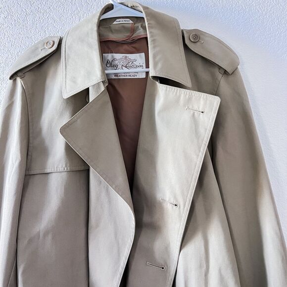 Oleg Cassini 80s Vintage Cotton Blend Tan Double Breasted Men's Trench Coat 40 L - Picture 5 of 10